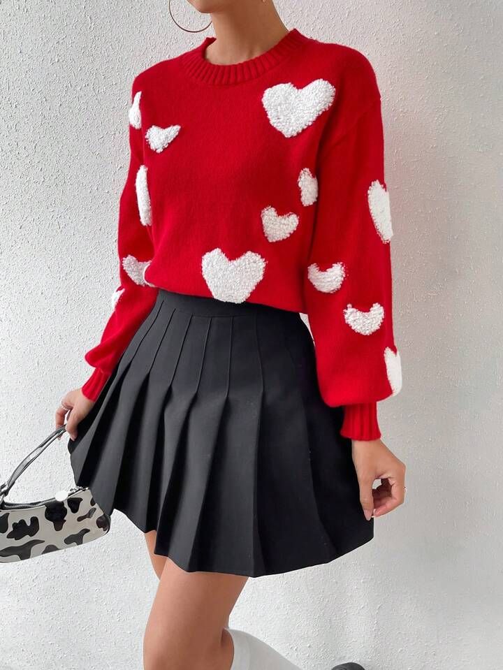 SHEIN Qutie Heart Pattern Drop Shoulder Sweater | SHEIN
