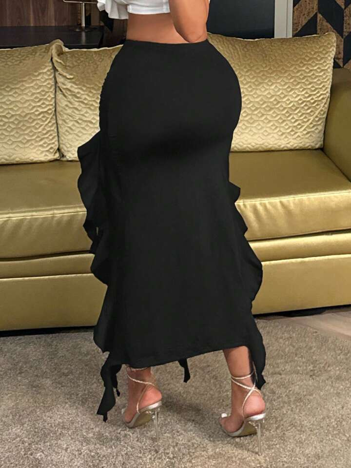 SHEIN SXY Beach Asymmetrical Hem With Ruffle Details And High Slit Sexy Design Summer Skirt | SHEIN