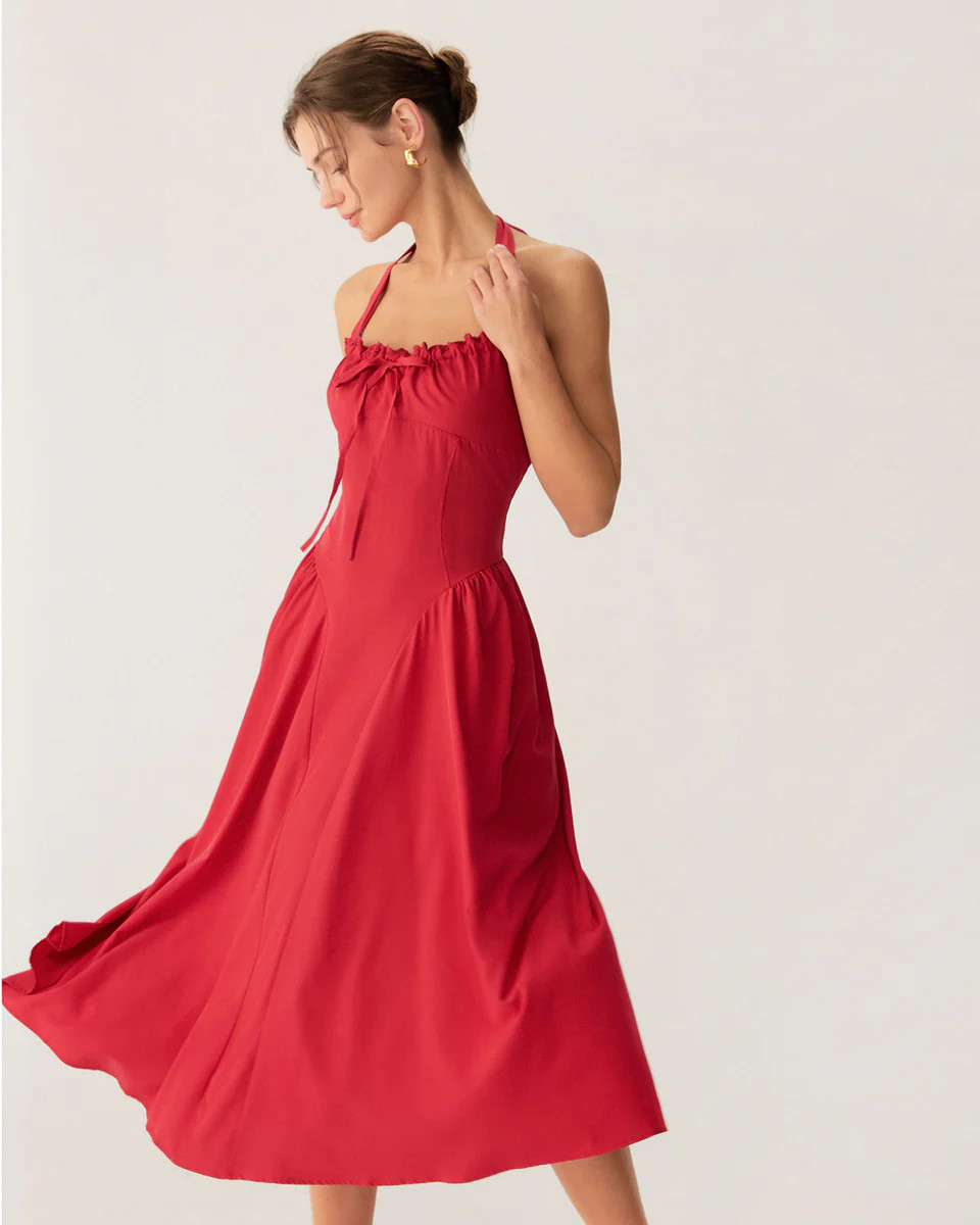 Red Ruched Halter Midi Dress | rihoas.com