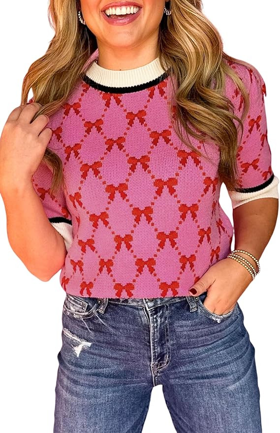 Ecosunny Casual Bow Print Shirts Sweater Blouses Tops | Amazon (US)