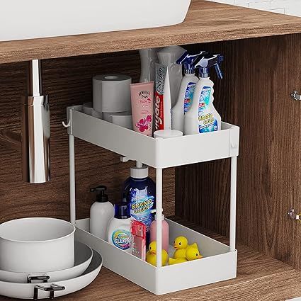 Under Sink Organizer, Under Bathroom Sink Storage 2 Tier Organizer Bath Collection Baskets with H... | Amazon (US)