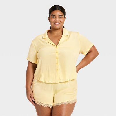 Women's Luxury Collection Satin Notch Collar Top and Lace Trim Shorts Pajama Set - Auden™ Yellow 1X | Target