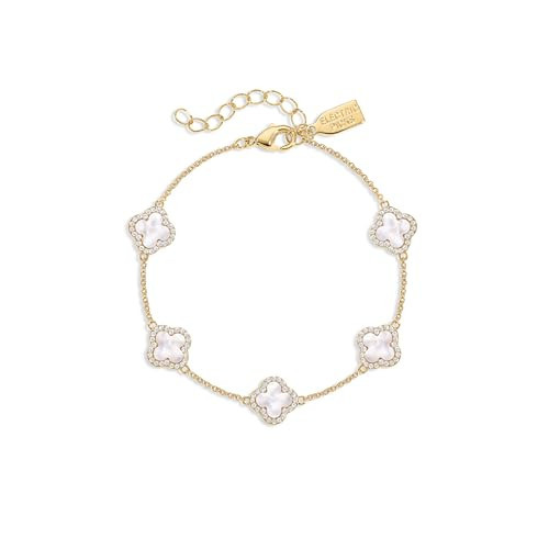 Electric Picks Mini Icon Bracelet for Women, White Mother of Pearl Clover on 14k Gold Plated Chain Bracelet, Adjustable 6"-7.5", Stackable Everyday Jewelry, Minimalist Gift | Amazon (US)