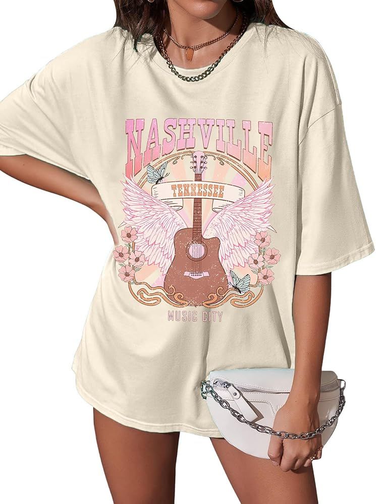 Nashville Shirts for Women Music City Country Music Concert Rock Band Vintage Guitar Wings Graphi... | Amazon (US)