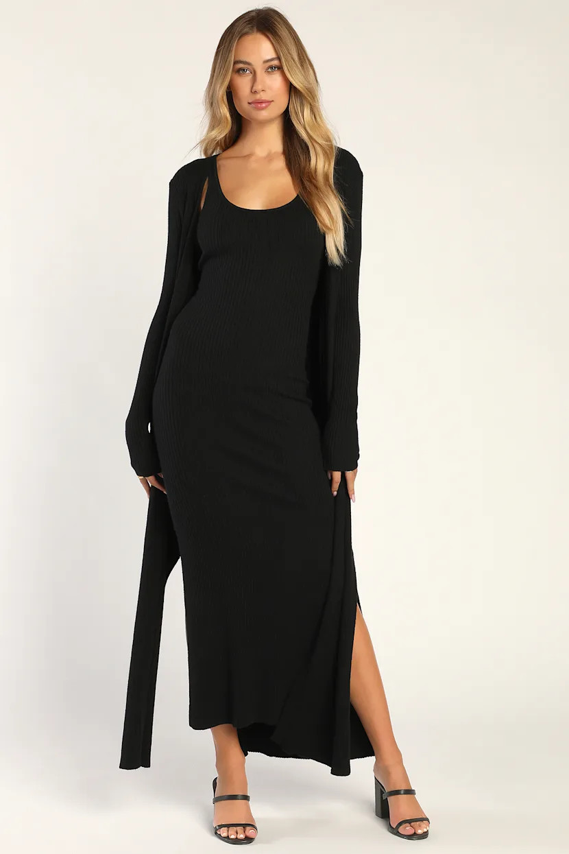 Layer Lover Black Ribbed Knit Two-Piece Dress & Cardigan Set | Lulus