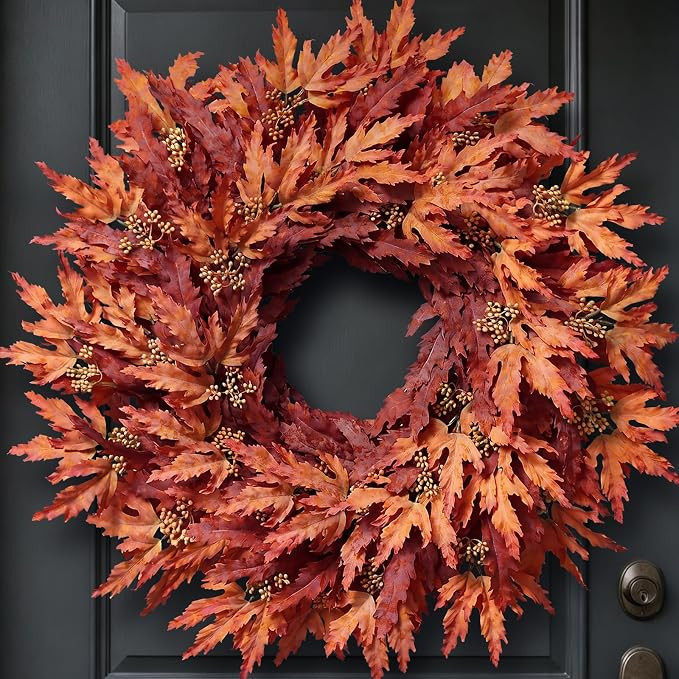 26" Artificial Fall Maple Leaves Wreath for Front Door Decoration (Orange) | Amazon (US)