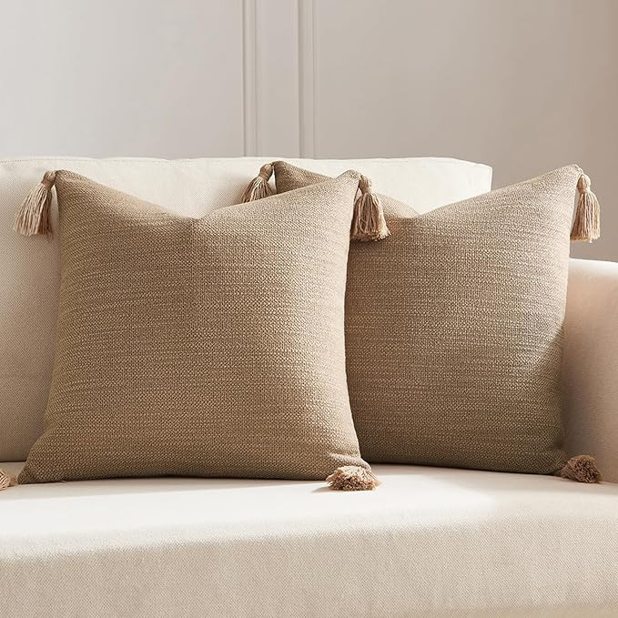 Meekio Set of 2 Khaki Pillow Covers 18x18 with Tassels, Linen Look Decorative Throw Cushion Cover... | Amazon (US)