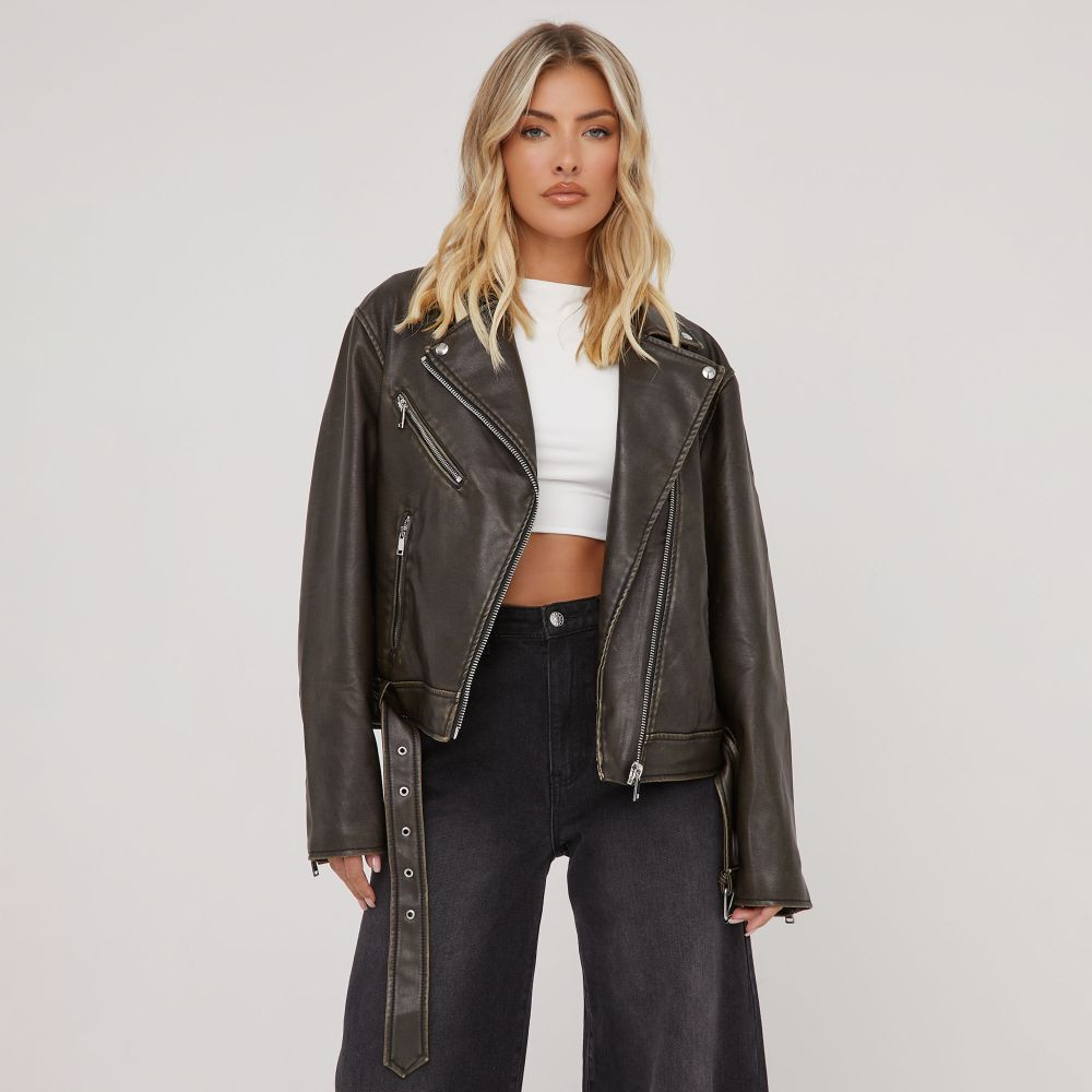 Zip Detail Biker Jacket In Washed Brown Faux Leather | EGO (UK)