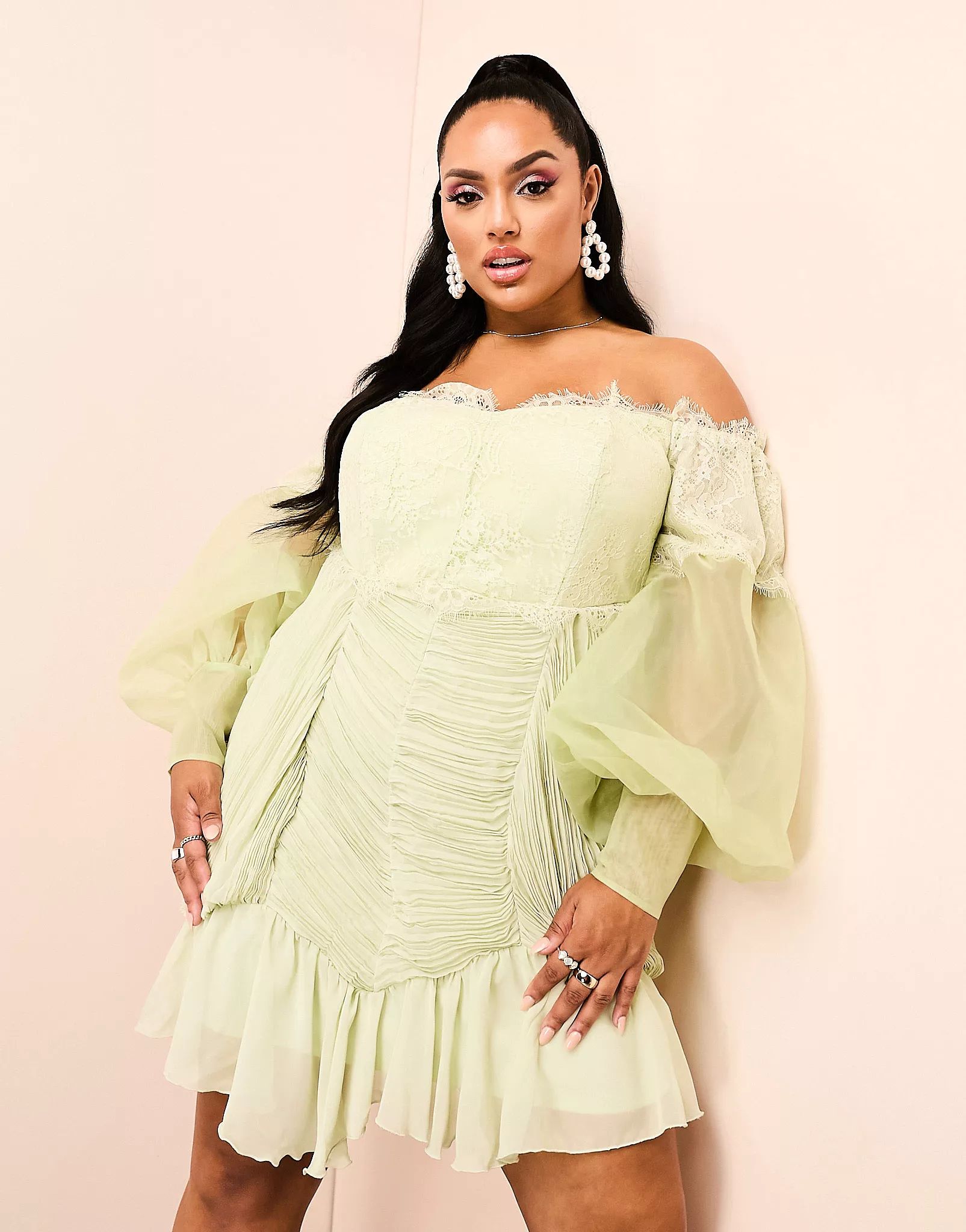ASOS LUXE Curve bardot lace ruched sheer puff sleeve mini dress in green | ASOS (Global)