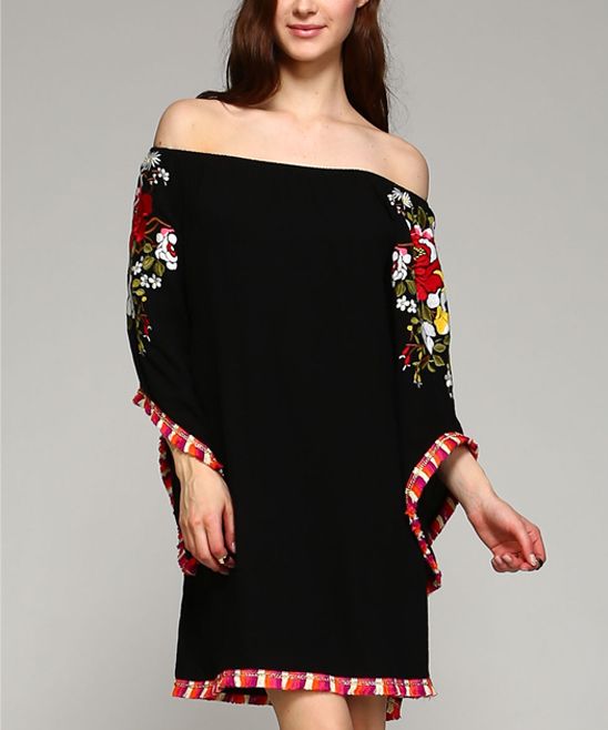 Simply Boho LA Women's Casual Dresses BLACK - Black Geo-Trim Floral-Embroidered Off-Shoulder Dress - | Zulily