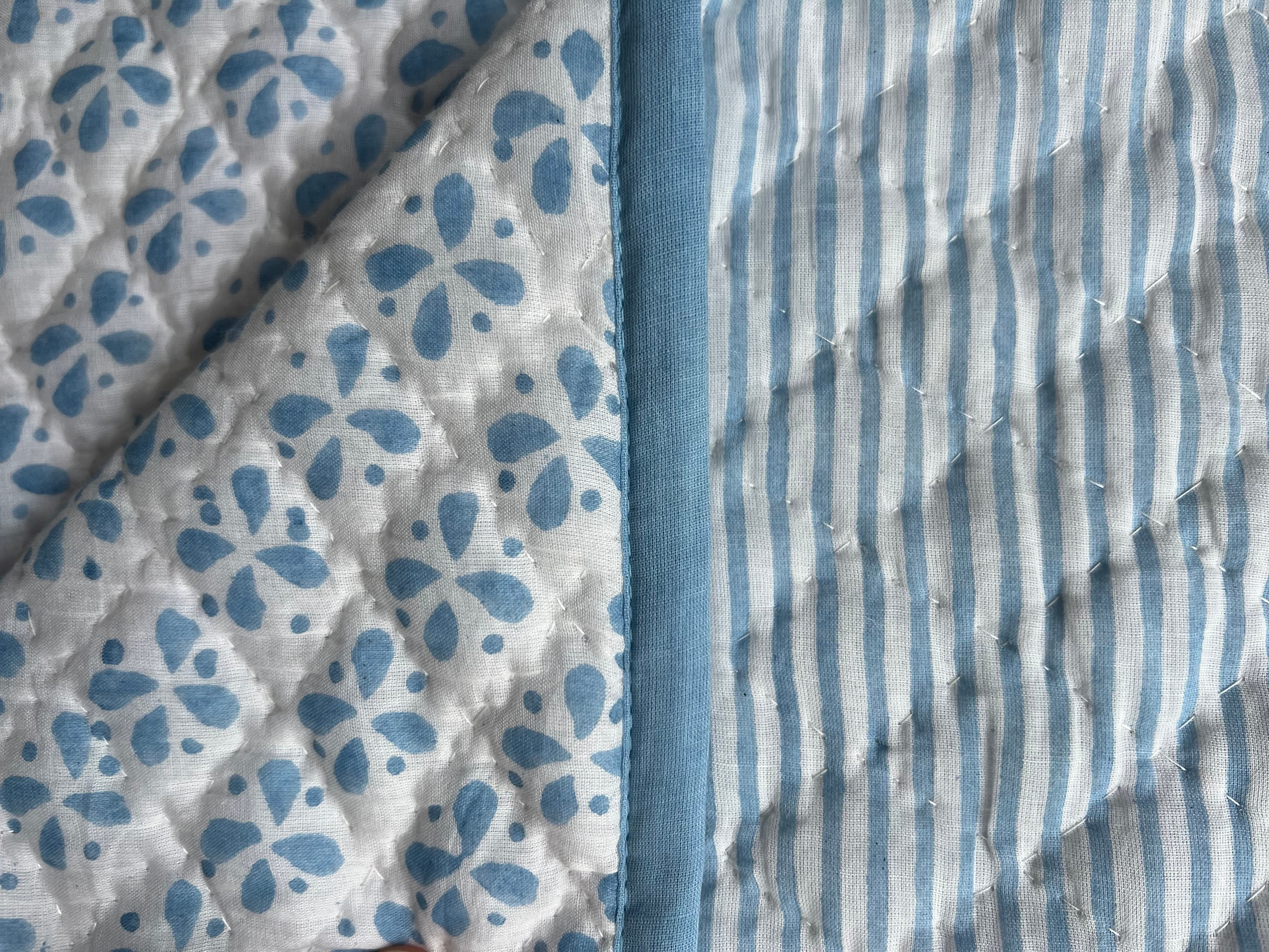 Reversible Baby Blanket in Petals/Stripe Blue | Christina Dickson Home