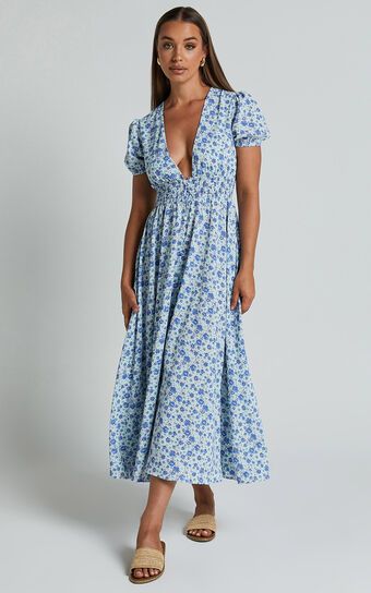 Leivia Maxi Dress - Plunge Short Sleeve Shirred Waist in Blue Floral | Showpo (US, UK & Europe)
