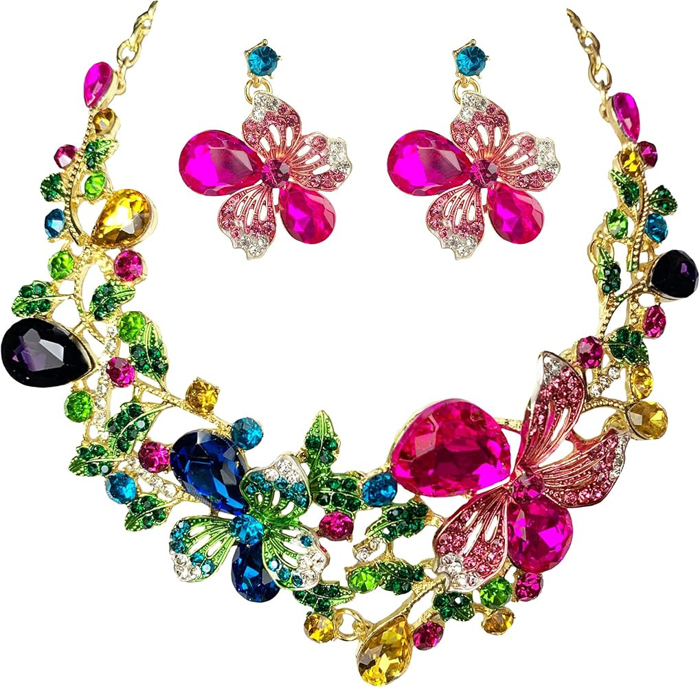 Crystal Flower Bib Statement Necklace Set Chunky Diamond Flower Statement Necklace & Earrings Dra... | Amazon (US)