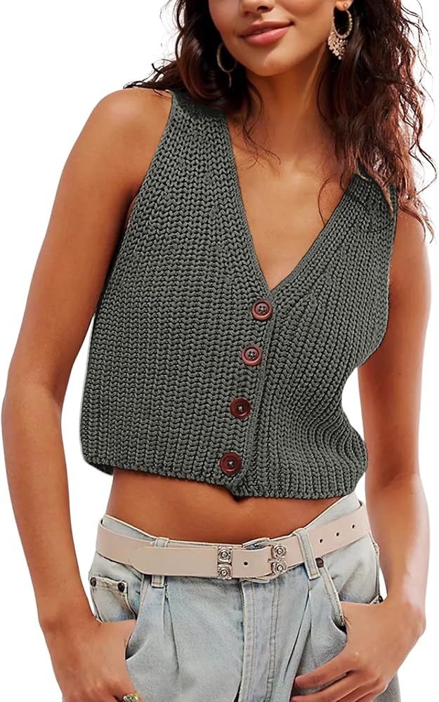 SKIKYAN Womens Casual Knit Sweater Vest Button Down Sleeveless Crochet Crop Short Cardigans | Amazon (US)