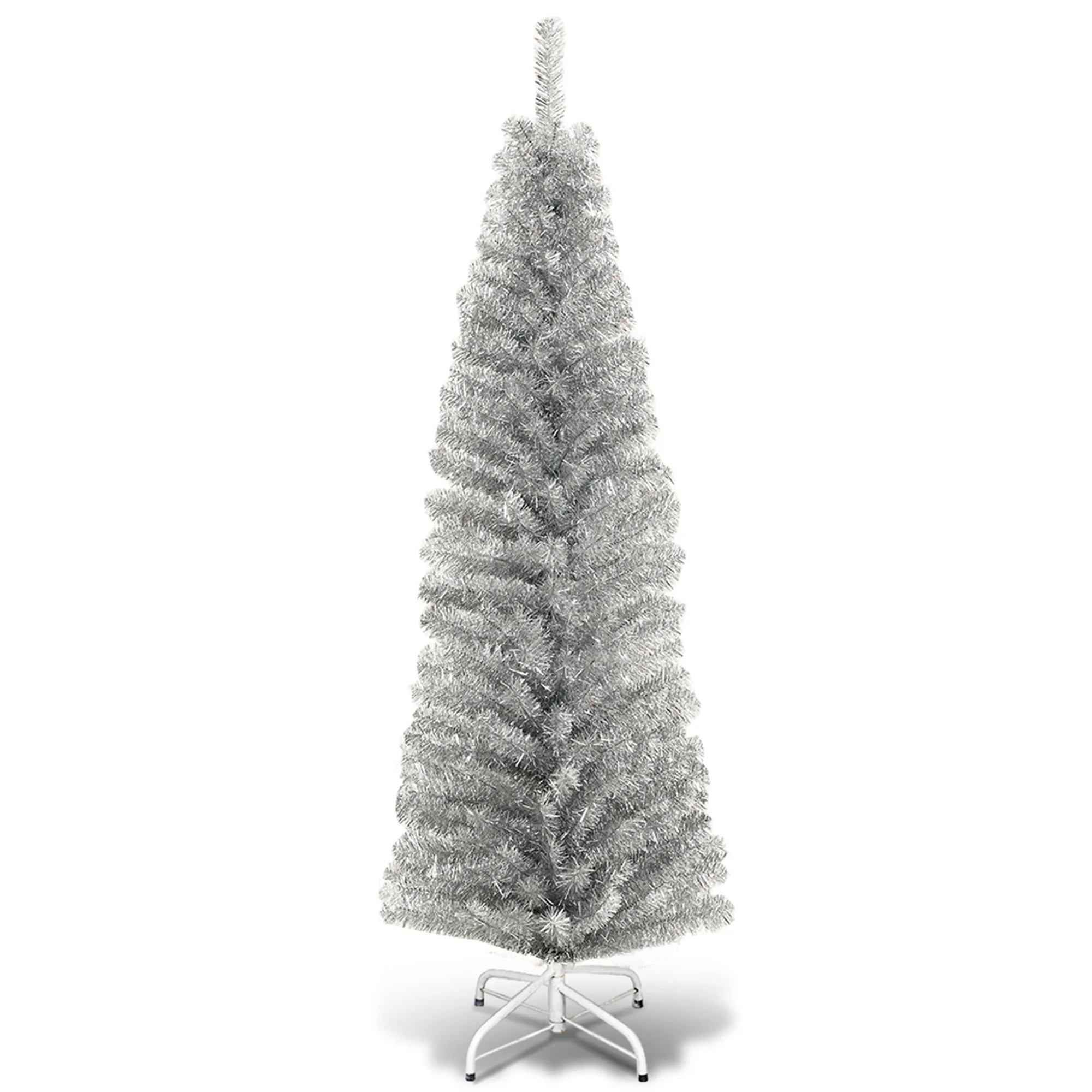 Costway 6FT Tinsel Tree Unlit Slim Pencil Christmas Tree Metal Silver | Walmart (US)