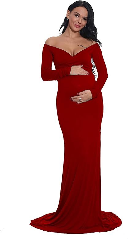 Maternity Elegant Fitted Gown Sweetheart V Neck Long Sleeve Slim Fit Maxi Photography Dress | Amazon (US)