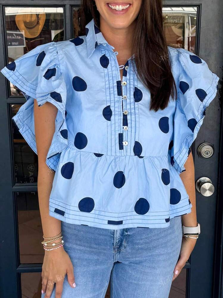 Acelitt Sky Blue Polka Dot Print Ruffled Short Sleeve Buttoned Collared Blouse | SHEIN
