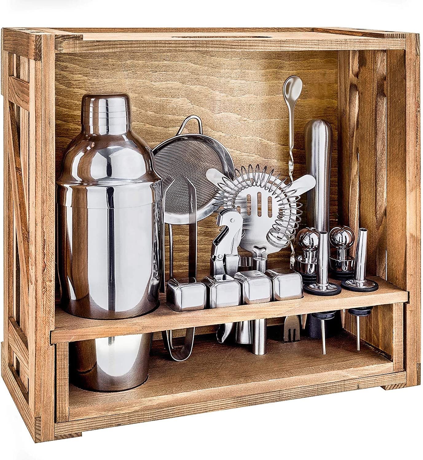 18 Piece Cocktail Shaker Set with Rustic Pine Stand, Gifts for Men Dad Grandpa,Stainless Steel Ba... | Amazon (US)