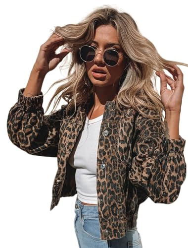 Justalwart Denim Jacket for Women Leopard Print Retro Shape Button-up Front Bomber Jacket (M, Fringe jacket leopard) | Amazon (US)