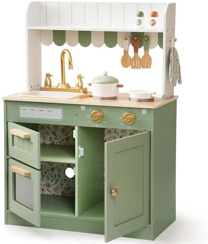 ROBOTIME Play Kitchen for Kids Toddlers, Wooden Pretend Play Kitchen Set Toy with Cutting Food Se... | Amazon (US)