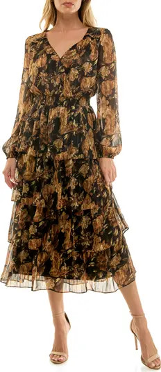 Socialite Floral Long Sleeve Tiered Midi Dress | Nordstrom | Nordstrom
