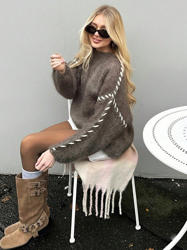 2025 Autumn/Winter Fashion Soft Chunky Contrast Trim Crew Neck Long Sleeve Pullover Sweater, Versatile For Casual Wear, Coffee Brown | SHEIN