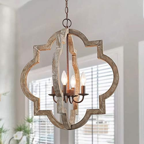 LOG BARN Large Farmhouse Chandelier Handmade Wood 4 Lights Fixtures Hanging for Dining, Bedrooms,... | Amazon (US)