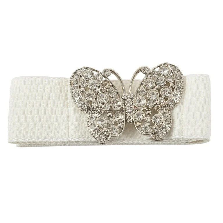 Women Rhinestones Accent Butterfly Hook Buckle Elastic Cinch Waist Belt White - Walmart.com | Walmart (US)
