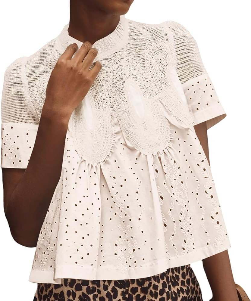 Women\u2019s Lace Flared Short Sleeve Blouse Lace Poplin Ruffle Mesh Crew Neck Swing Babydoll Top... | Amazon (US)