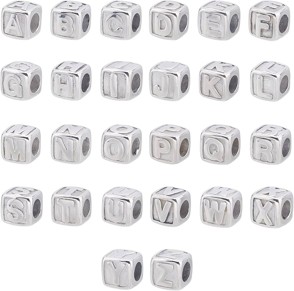 UNICRAFTALE 26pcs 8mm Cube Bead with Letter A-Z Spacer Beads Stainless Steel European Beads 4mm L... | Amazon (US)