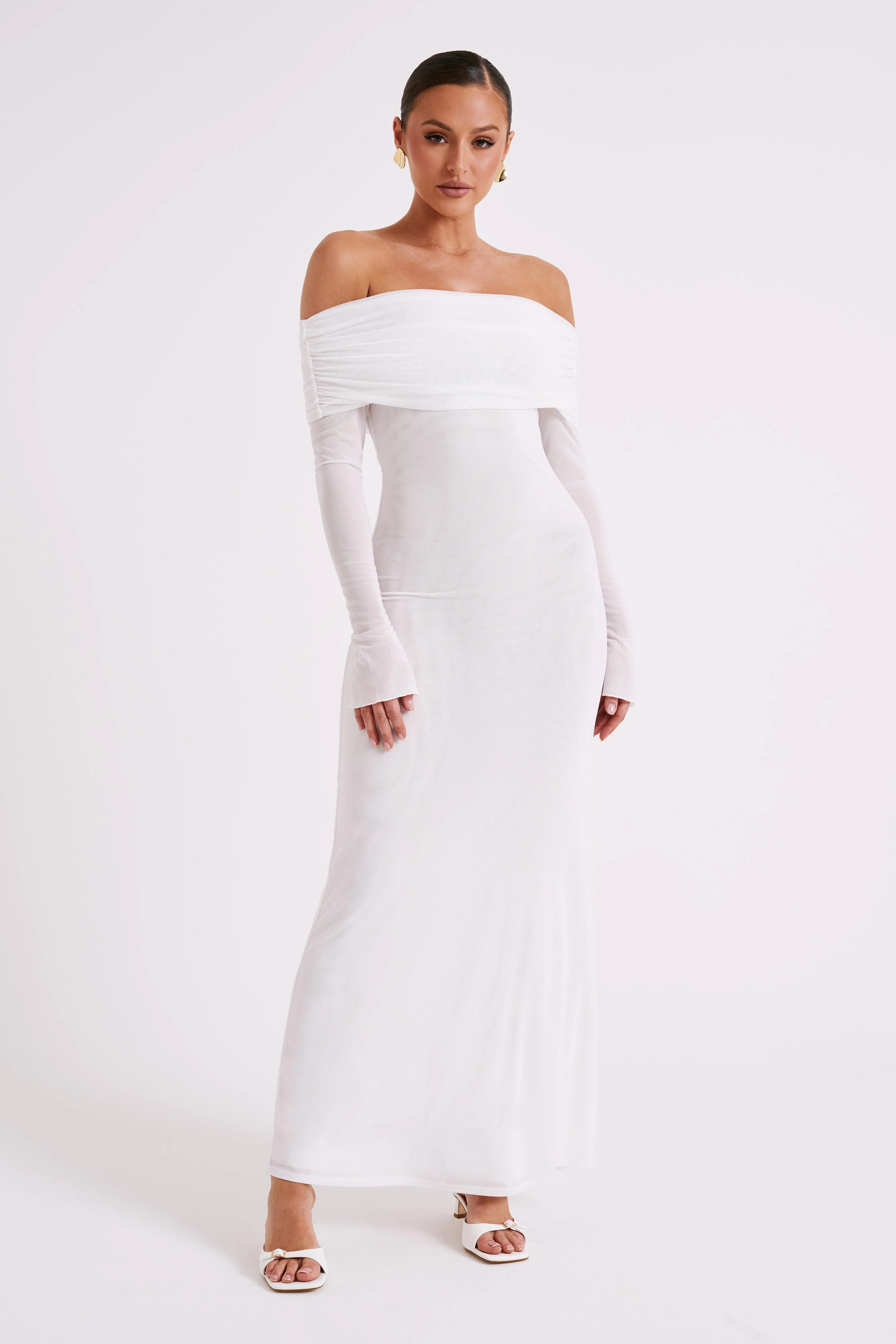 Josie Off Shoulder Mesh Maxi Dress - Ivory | MESHKI US