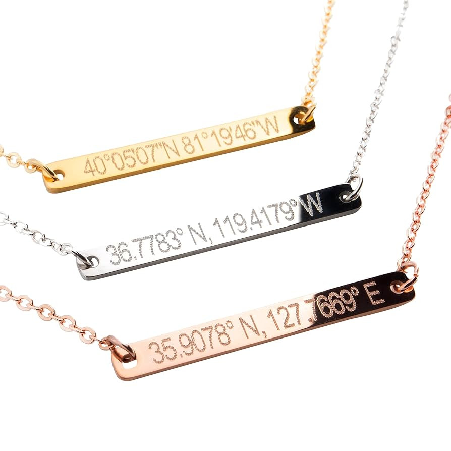 Necklace coordinate bar Customized Diamond Engraving 16k Gold Plated GPS Personalized gift brides... | Amazon (US)