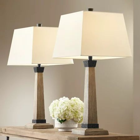 John Timberland Rustic Farmhouse Table Lamps Set of 2 Wood Oatmeal Square Tapered Shade for Living R | Walmart (US)