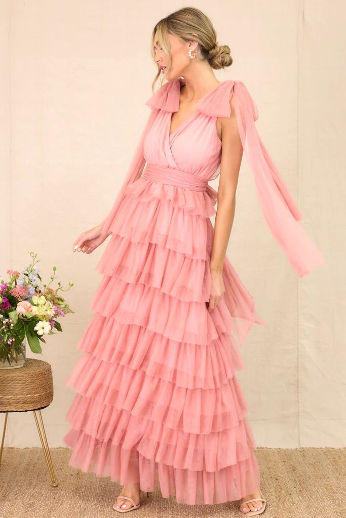 Creating Memories Dusty Rose Tiered Tulle Maxi Dress | Red Dress