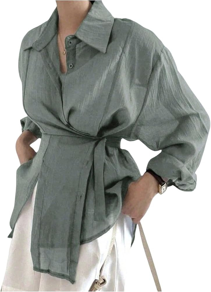 MakeMeChic Women's Long Sleeve Shirts Button Down Shirt Wrap Tie Front Office Blouse Tops | Amazon (US)