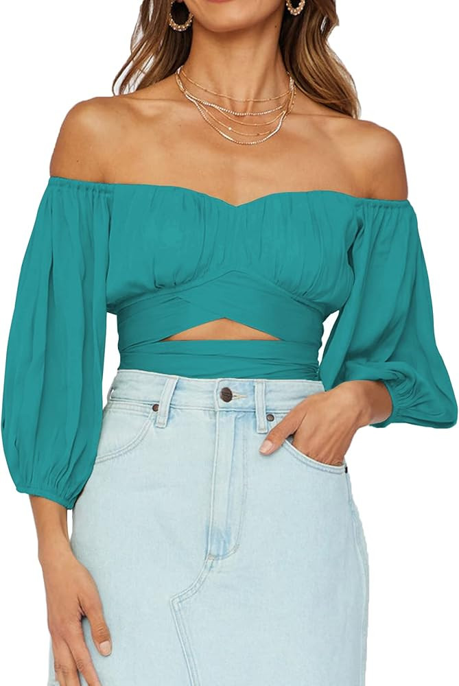 Umenlele Women's Sexy Off Shoulder Ruched Puff Half Sleeve Tie Knot Blouse Crop Top | Amazon (US)