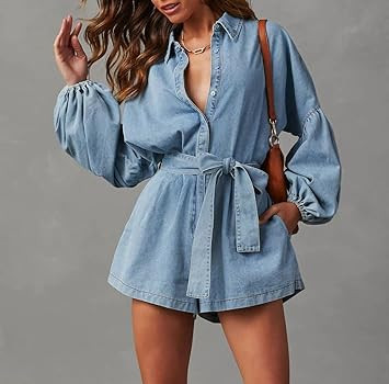 LifeShe Lantern Long Sleeve Denim Romper for Women Elastic Waist Tie Front Short Mini Jean Jumpsu... | Amazon (US)