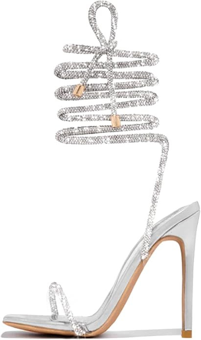 Women's Diamond Styles Lace Up Glitter Shine Ankle Strappy Heels for Women Sparkly Sandals | Amazon (US)