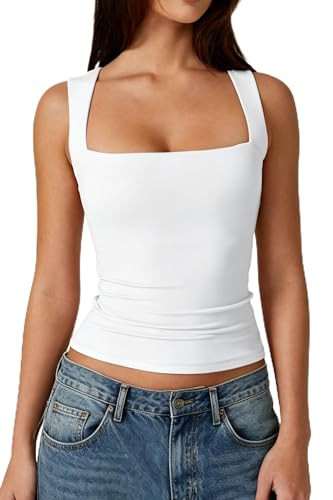 QINSEN Womens Tank Top Sleeveless Square Neck Casual Basic Fitted T- Shirts White XL | Amazon (US)