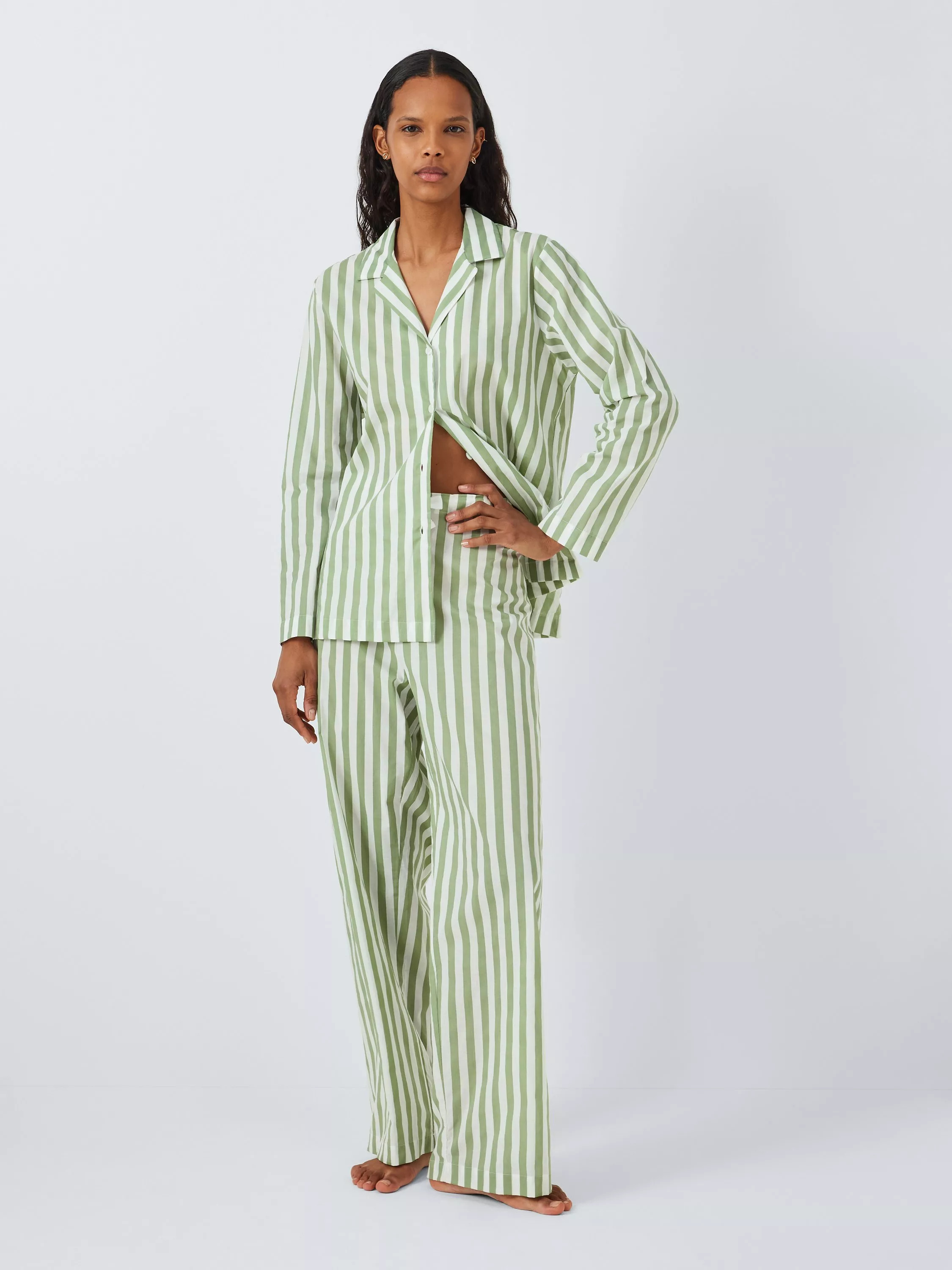 John Lewis Kate Stripe Shirt Long Pyjama Set, Sage | John Lewis (UK)