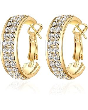 BIRDAYPRE 14K Gold Plated Shining Hoop Earrings for Women Luxury Cubic Zirconia Rhinestone Round ... | Amazon (US)
