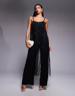 ASOS LUXE faux pearl embellished fringe jumpsuit in black | ASOS (Global)