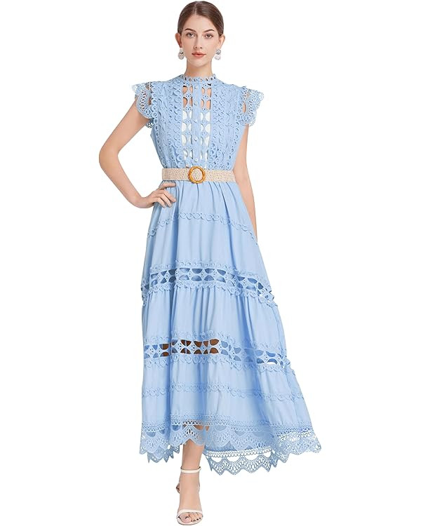 LAI MENG FIVE CATS Womens Summer Hollow Out Ruffled Sleeve Casual Maxi Wedding Party Big Swing Dr... | Amazon (US)