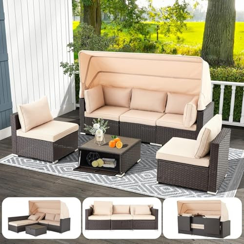 6 Pieces Patio Furniture Sets Rattan Daybed with Retractable Canopy Outdoor Sectional Sofa Conversation Sets with Adjustable Backrest for Garden Poolside Backyard(Khaki) | Amazon (US)