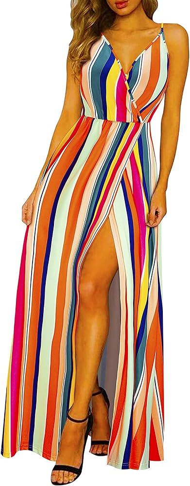 II ININ Women's 2024 Maxi Sundresses Summer Beach Long Wrap V-Neck Floral/Solid Casual Dress for ... | Amazon (US)
