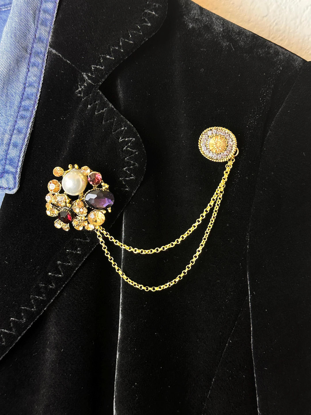 Gold Double Brooch with Chains • Vintage Style Dangle Pin • Pearl & Gem Cluster Jacket Access... | Etsy (US)