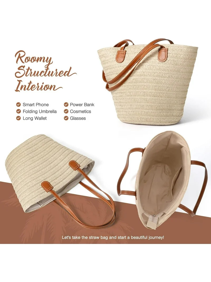 Gocvo Straw Beach Bag for Womens, Crossbody Shoulder Tote Bag with Zipper Vacation Purse for Summ... | Walmart (US)