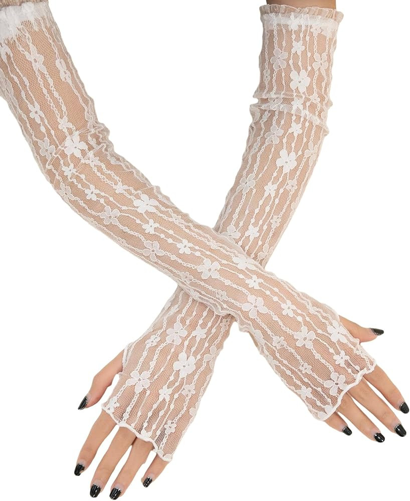 SHENHE Women's Sheer Lace Tulle Gloves Fingerless Elbow Length Arm Sleeves Mittens | Amazon (US)