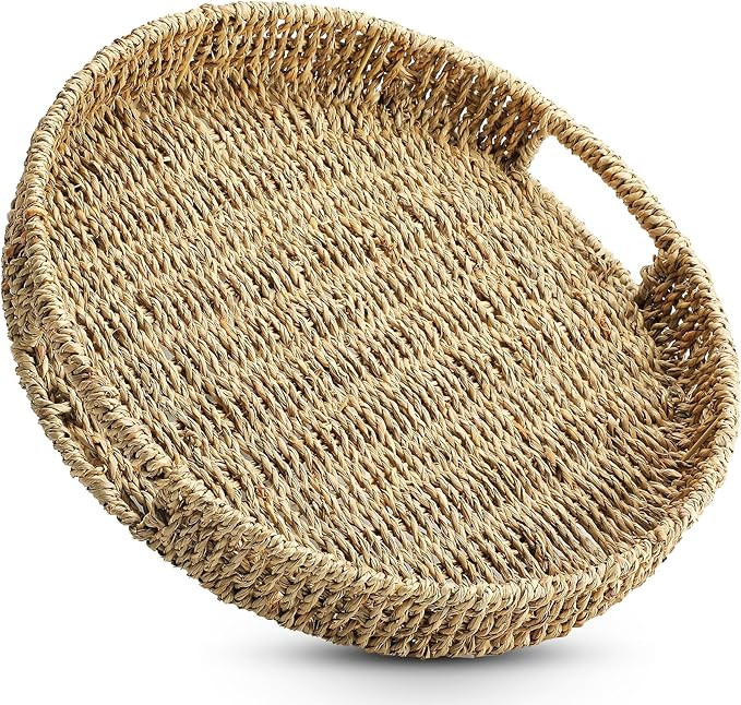 MaxGear Round Woven Serving Tray with Handles, Handmade Seagrass Serving Trays Decor, 13 inch Nat... | Amazon (US)