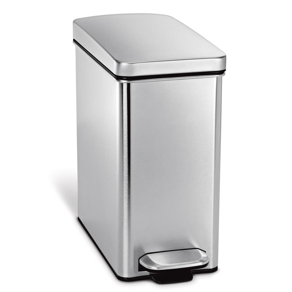 simplehuman 10-Liter Fingerprint-Proof Brushed Stainless Steel Slim Profile Step-On Trash Can, Silve | The Home Depot